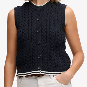 Chaleco de Punto sin Mangas para Mujer, Cuello Redondo, Punto Trenzado, Color Sólido, Botones al Frente, Estilo Preppy, Ropa de Otoño, 100% Acrílico - Product Image 3