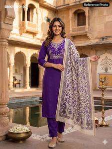 Good Quality Roman Silk with <b>Beads</b> Embroidery <b>Thread</b>-Moti work Violet Kurti-Pant-Dupatta Set Woman Fashion Manufacturer - Product Image 6