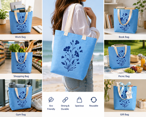 Sac fourre-tout en jute bleu 34x38x10 cm avec poignée en sangle de coton, imprimé floral, réutilisable, fermeture ouverte, pour la plage, le quotidien, les voyages et le shopping - Product Image 4