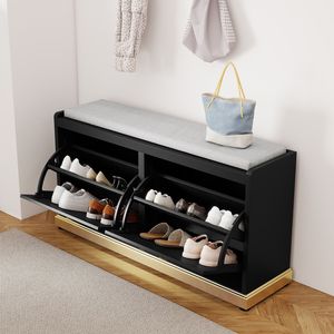 Banc d'entrée moderne avec 2 tiroirs rabattables et assise rembourrée, meuble à chaussures capitonné avec rangement - Product Image 4
