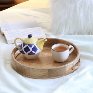 Round Wooden Serving Tray With <b>Teapot</b> And <b>Cup</b> Minimalist Design <b>For</b> Home Decor Display - Product Image 1