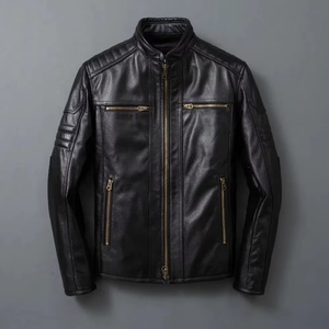 Blouson de moto en cuir véritable imperméable pour homme, noir, col montant, fermeture éclair, coupe ajustée, manches classiques, logo sur le devant - Product Image 6