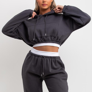 Women's Solid Cropped <b>Hoodie</b> Sweatshirt <b>Oversized</b> Drop-Shoulder Fleece Activewear <b>Lounge</b> Set Autumn Wear - Product Image 6
