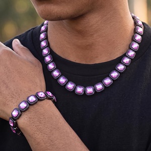 Conjunto de collar y pulsera de lujo unisex de plata de ley con diamantes rosas talla cojín, cultivados en laboratorio, estilo Hiphop, con incrustaciones de circonitas negras. - Product Image 1