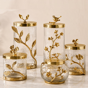 Elegant Brass and Stainless Steel Metal Hammered Glass <b>Canisters</b> Storage Jars Floral Leafy Look <b>Set</b> of 5 - Product Image 1