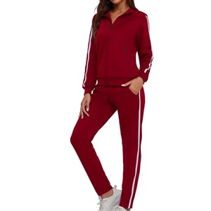 Conjunto Deportivo Rojo para Mujer, Color Sólido, Manga Larga, Cierre de Cremallera, Corte Regular, Transpirable, Informal para Otoño, 100% Poliéster - Product Image 1