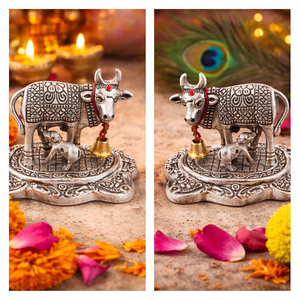 Hermosa Estatua de Vaca y Ternero Kamdhenu, Acabado en Plata Germánica, Marca Jaipurios, Ídolo del Dios Hindú, Decoración para el Hogar, Regalo, Artículo para Pooja, Diwali - Product Image 2