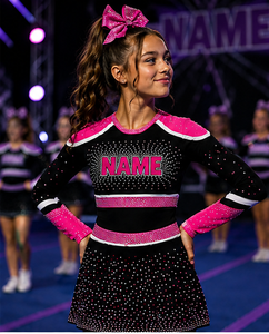 Ensemble d'uniformes de cheerleading personnalisés en strass respirants, bicolores noir et rouge, en spandex durable, tenue professionnelle pour équipe de compétition - Product Image 4