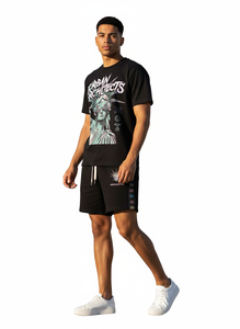 Ensemble deux pièces streetwear personnalisé avec appliqué, coupe ample et épaisse, comprenant un t-shirt sérigraphié à patchs effet usé et un short - Product Image 6