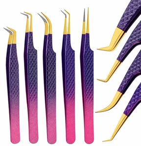 Lot de 5 pinces à cils violettes et dorées en acier inoxydable, à pointe incurvée et droite de précision, pour extensions de cils, volume et isolation, outils de beauté - Product Image 1
