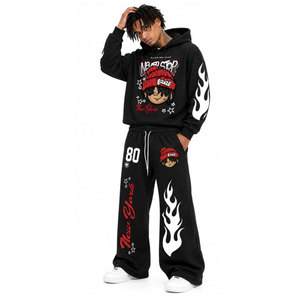 Survêtement noir de fabricant en gros, imprimé dessin animé motif flamme, manches longues, pantalon à cordon, 100% coton, streetwear, collection automne - Product Image 5