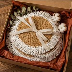 <b>Round</b> Bohemian Handmade Linen <b>Placemat</b> With Tassels 400mm Diameter Natural Color Decorative Table Mat - Product Image 1
