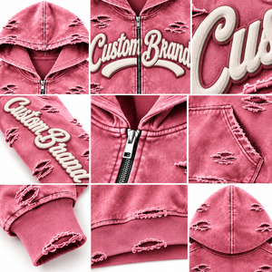 Custom Pink Distressed Zip Up Hoodie Women <b>Men</b> Oversized Acid Wash Streetwear Sweatshirt Vintage Washed Ripped Hoodie Custom <b>Bra</b> - Product Image 5