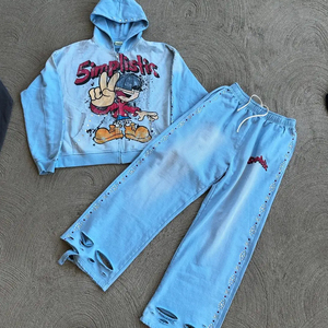 Ensemble de survêtement bleu foncé simpliste avec imprimé de personnage, sweat à capuche et pantalon, fermeture éclair, manches longues, streetwear, coupe ample, pour adultes, automne - Product Image 3