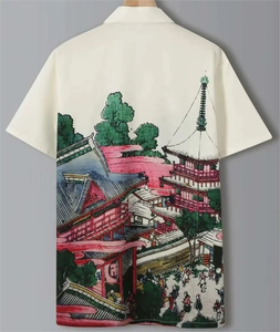 Camisa informal para hombre con estampado de paisaje, camisa de verano de manga corta beige de secado rápido - Product Image 2
