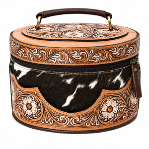 Estuche de joyería ovalado de cuero genuino occidental con pelo, hecho a mano, organizador de viaje para joyas, caja de almacenamiento de cosméticos con asa y cremallera - Product Image 1