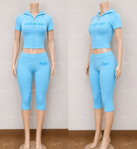 Custom Logo Women Y2K 2 Piece Yoga Sets, <strong>Hooded</strong> <strong>Zip</strong> up Crop Top High Waist Leggings Yoga Activewear Loungewear Lounge Set - Product Image 3