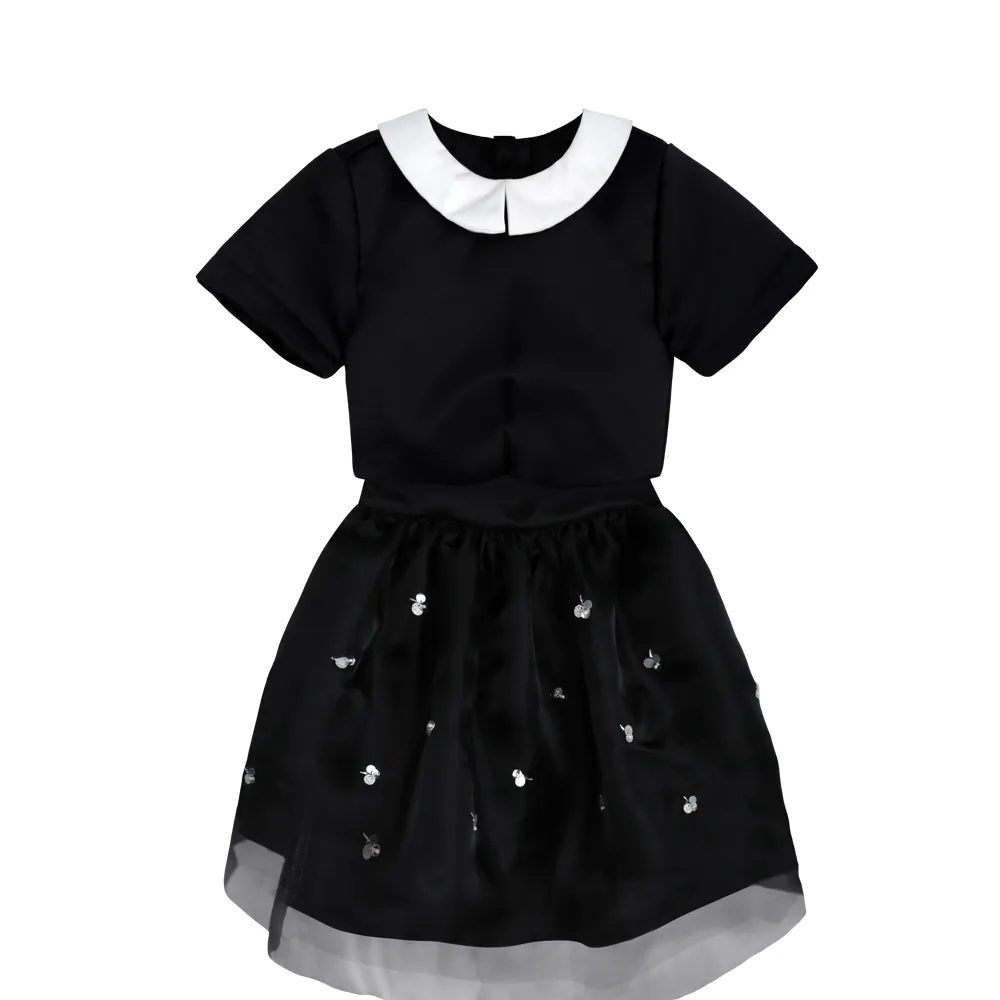 El boncuk yüksek moda elbise bebek kız parti durum seti, 2 parça, siyah kısa kollu gömlek, siyah kısa etek, Linette