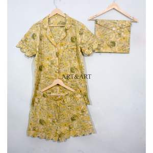 Ensemble pyjama short en coton pur à 100 %, imprimé à la main, élégant et classique, pour les vacances d'été, avec poches, doux et respirant - Product Image 6