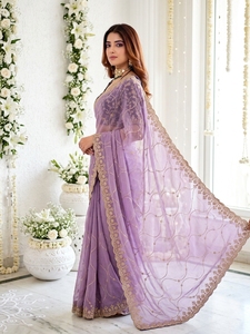 AARA Fashion Purple Silk Saree with <b>Gold</b> Embroidery Navy Blue <b>Blouse</b> for Women's Traditional Indian Wedding Wear Sun Protection - Product Image 5
