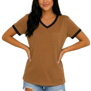 Women's Brown V-Neck Short Sleeve T-Shirt with Pocket Casual Organic Cotton Fleece Breathable <b>Top</b> Spring Summer Wear - Product Image 2
