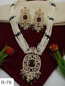 Traditional Trendy Ethnic Silver Plated Brass Kundan <b>Pearl</b> Necklace <b>Set</b> with Matching Earrings for Wedding Anniversary Party - Product Image 2