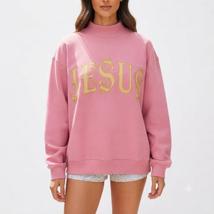 Sweat-shirt rose oversize à col montant pour femme, orné de sequins dorés, motif Jésus, manches longues, tricoté 100% coton, style décontracté streetwear, haut tendance - Product Image 1