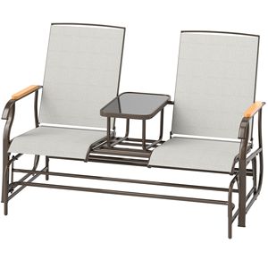 2-Person Outdoor Cream White Glider <b>Bench</b> Steel Frame Loveseat Swing <b>Chair</b> with <b>Table</b> for Courtyard & Garden Use - Product Image 1