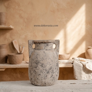 Forte Cream Rustic Terracotta Clay Handled Urn <b>Vase</b> Handcrafted Earthenware Jar Decorative <b>Ceramic</b> Tabletop Vessel Wholesale - Product Image 6