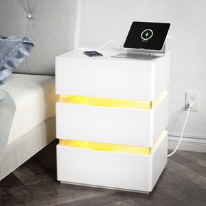 White 3-Drawer Side Cabinet Bedside Table Nightstand with RGB LED Charging Station USB Ports - Product Image 2