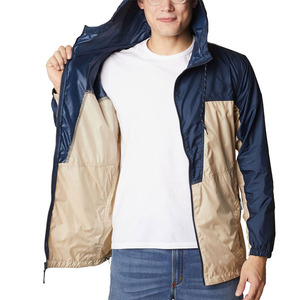 Men's Navy Beige Hooded Windproof <b>Jacket</b> Casual Zipper Closure Autumn Wear Polyester Shell Regular Fit - Product Image 3