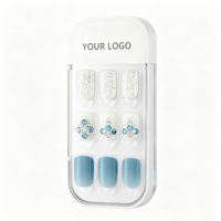 Kit d'ongles à presser carrés courts dégradés bleu océan et blanc avec strass scintillants, faux ongles, capsules d'ongles, marque privée