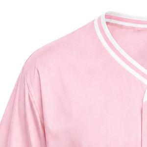 เสื้อเบสบอลผู้หญิงสีชมพูอ่อนแบบสั่งทำพิเศษ พร้อมป้ายปัก แขนสั้น ติดกระดุมด้านหน้า คอวี แต่งขอบสีขาว เสื้อผ้าลำลองสำหรับเล่นกีฬา - Product Image 5