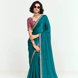 Dernière collection de saris en soie tissée de fournisseur indien, broderie, sequins, travail au fil pour mariages et festivals, prix de gros pour l'été - Product Image 1