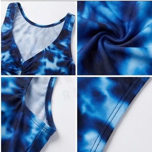 Women's Tie Dye One Piece Swimsuit Deep V Neck Ruched Drawstring Stretch Bodysuit <b>Blue</b> Pattern Knitted Spandex Polyester - Product Image 4
