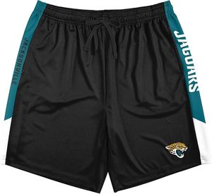 Pantalones Cortos Deportivos Duraderos de Poliéster Negro de los Jacksonville Jaguars, Bordados, con Franjas Laterales Color Verde Azulado y Logotipo del Equipo - Product Image 1
