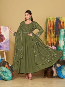 Women's Elegant <b>Light</b> Green Anarkali Suit Georgette Crepe 3/4 Sleeves Semi-Stitched for Festive Occasions Available at Low Price - Product Image 2