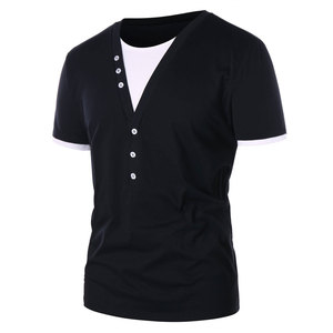 <b>Men's</b> <b>Black</b> V-Neck Short Sleeve T-<b>Shirt</b> With Contrast Trim And Button Front <b>Slim</b> <b>Fit</b> Casual Knitted Solid Color Top - Product Image 2