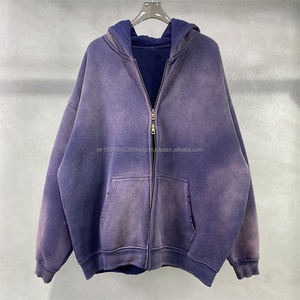 Logotipo personalizado de alta calidad de los hombres de la cremallera con capucha lavado ácido desgastado Hip Hop sudaderas con capucha de los hombres Streetwear sudaderas con capucha/sudaderas con capucha de los hombres - Product Image 1