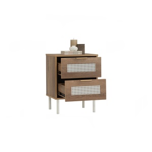 Modern Minimalist 2 <b>Drawer</b> Nighstand with Rattan Oak Finish <b>Side</b> <b>Table</b> and Durable Metal Legs for Home Furniture Use - Product Image 4