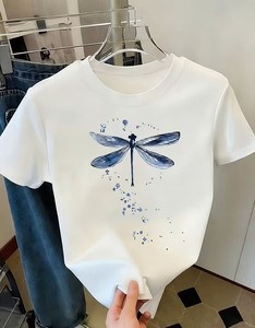 Women's White Dragonfly Print 100% Cotton Short Sleeve Crew Neck T-Shirt Casual Spring Summer Wear Breathable Jersey Fit - Product Image 1