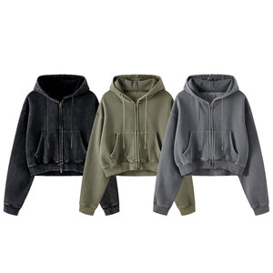 <b>Women</b>’s Cropped Zip Up Hoodie Acid Wash Fleece Sweatshirt, Vintage Distressed Washed Hooded <b>Jackets</b> Embroidery DTG DTF Printing - Product Image 1