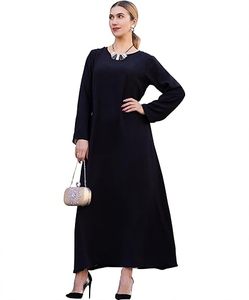 Abaya noire unie pour femme, manches longues, col montant, longueur ras du sol, robe modeste style Moyen-Orient, en polyester, coupe ample, pour usage quotidien - Product Image 3