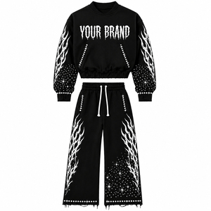 Custom Brand Logo <b>Vintage</b> Hoodie Stacked Pants Heavyweight 100% Cotton Eco-Friendly Acid Wash Rhinestones <b>Tracksuit</b> For Unisex - Product Image 1
