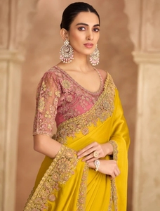 KV Women's Embroidered Designer Bollywood Silk <b>Satin</b> <b>Saree</b> with Reversible Wrinkle-Free Unstitched Blouse (Yellow) - Product Image 1