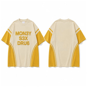 <b>Men's</b> Oversized Short Sleeve T-<b>Shirt</b> Cream Yellow Contrast Trim O-Neck Street Style Printed Letter Design Jersey Fabric - Product Image 1