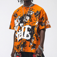 T-shirt streetwear orange pour homme, coupe classique, manches courtes, motif lettres imprimées effet gouttelettes sur le devant, en jersey de coton tricoté, col rond