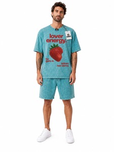 Ensemble T-shirt et short en coton moutarde pour homme, col rond, couleur unie, tenue décontractée d'été, tissu tricoté avec service OEM - Product Image 1