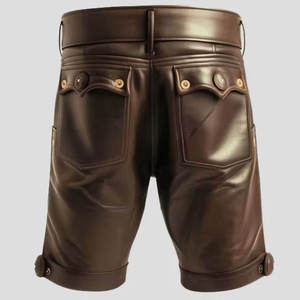 KIVOTECH <b>Men</b> High Waist Brown PU Leather <b>Shorts</b> <b>Bermuda</b> Style Button Fly Casual with Pockets - Product Image 2