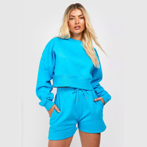 Última Llegada: Conjunto de Sudadera Corta de Cuello Redondo y Pantalones Cortos con Bolsillos, 100% Algodón French Terry, Hombros Caídos, Manga Larga, Estilo Urbano - Product Image 1